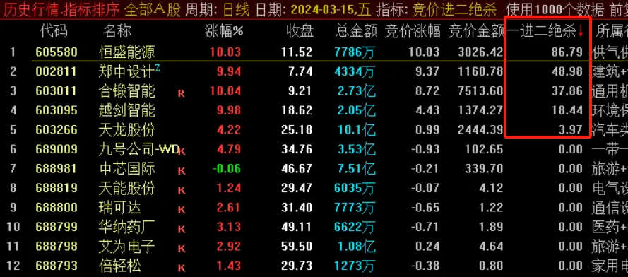 〖一进二绝杀〗副图/选股指标 一进二竞价排序 竞价换手和竞昨比的乘积