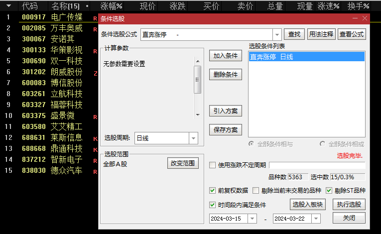 通达信【直奔涨停】副图/选股 一标在手涨停我有 从此财富自由
