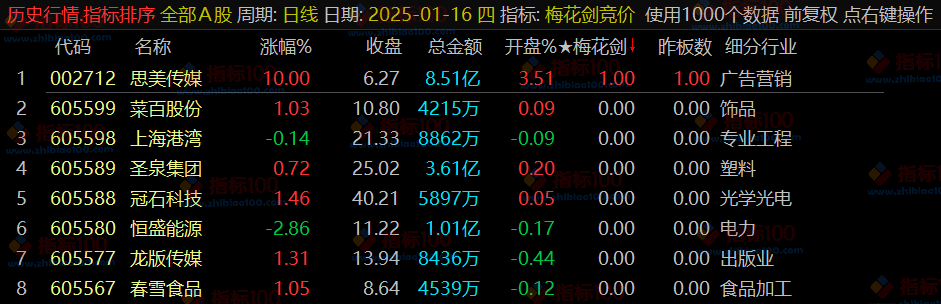 通达信《梅花剑+太子剑》早盘竞价排序，源码开放，永久版！