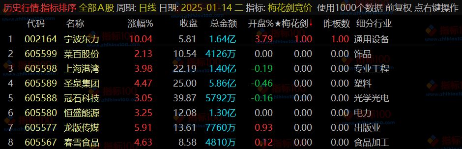通达信《梅花剑+太子剑》早盘竞价排序，源码开放，永久版！