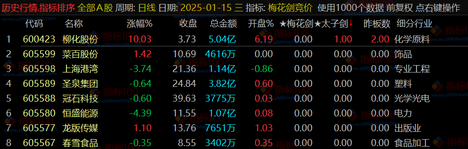 通达信《梅花剑+太子剑》早盘竞价排序，源码开放，永久版！