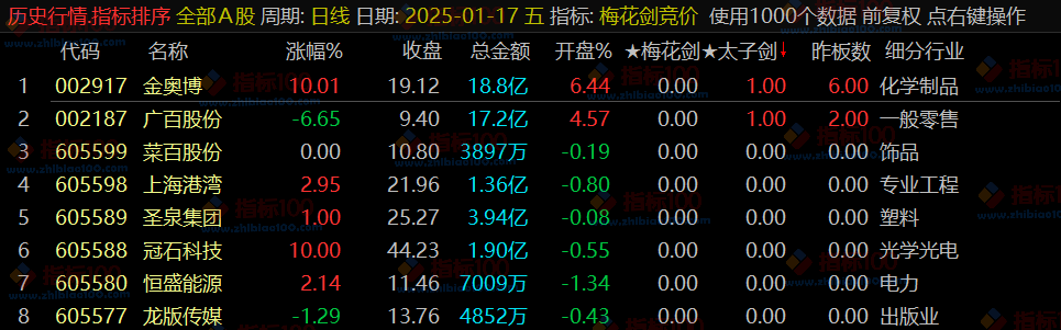 通达信《梅花剑+太子剑》早盘竞价排序，源码开放，永久版！