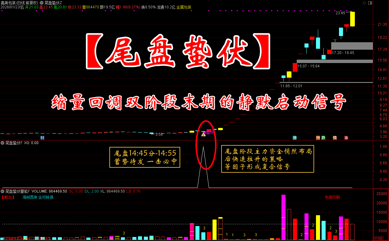 通达信【尾盘蛰伏】主副图选股 缩量回调双阶段末期的静默启动信号